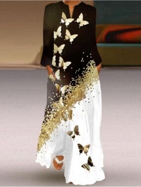 Butterfly Print Black & White Maxi Dress